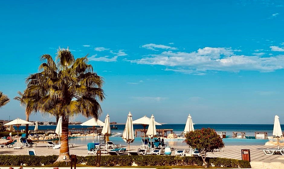 Strand Palmen und das Rote Meer im GRAVITY Hotel Sahl Hasheesh 
